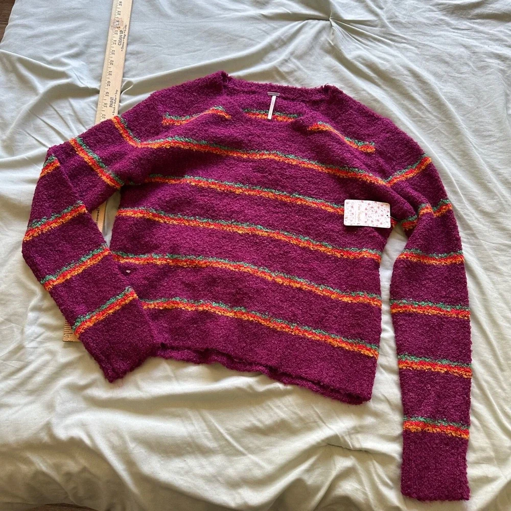 Free People Sweater maroon Combo Downy Stripe Pullover Shag fuzzy Sz L‎